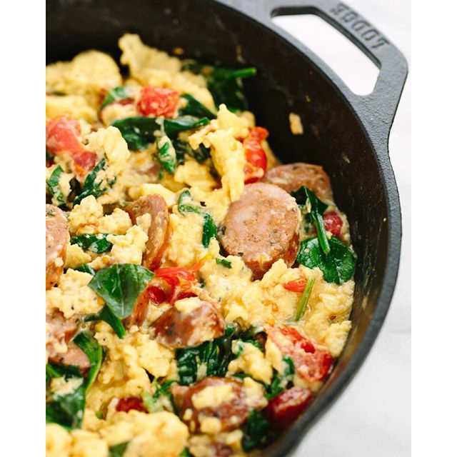 Italian Sausage Breakfast Scramble With Tomatoes, Basil And Parmesan