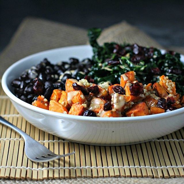 Kale Salad Bowl With Quinoa, Harissa Roasted Sweet Potatoes, Black