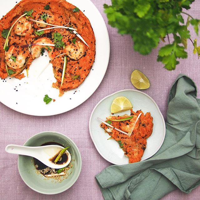 Gluten Free Kimchi Pancake With Tiger Prawns Recipe The Feedfeed