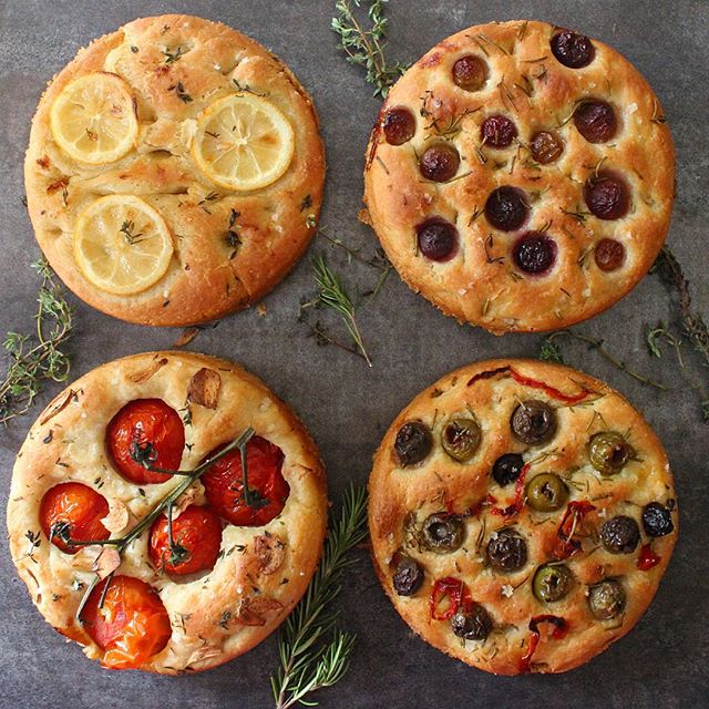 Focaccia Bread 4 Ways Lemon & Thyme, Grapes & Rosemary, Tomato