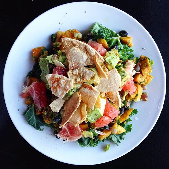 Dorm Room Tostada Bowls With Kale, Sweet Potato, Grapefruit And Black