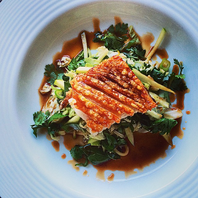 Crispy Pork Belly With Asian Salad And Chili Ginger Caramel Sauce