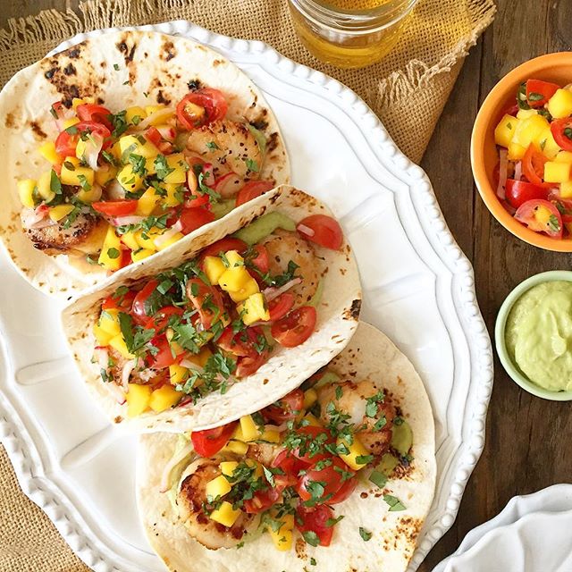 Scallop Tacos With Mango Salsa And Spicy Avocado Coconut Crema Recipe The Feedfeed