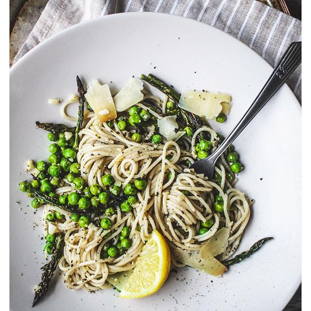 Spring Pasta With Fresh Peas, Asparagus, Shaved Parmesan Cheese And