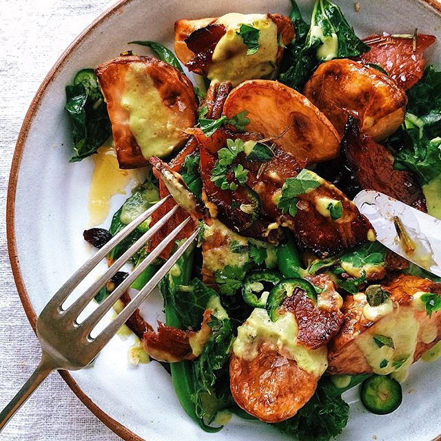 Roasted Potato Salad With Crispy Honey Bacon And Spicy Avocado Dressing