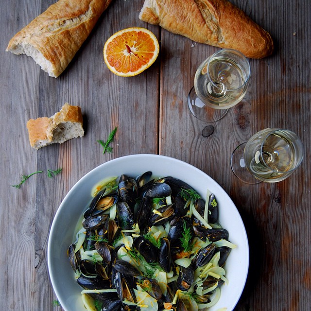 Blood Orange Mussels In White Wine With Fennel, Ginger & Turmeric Roots