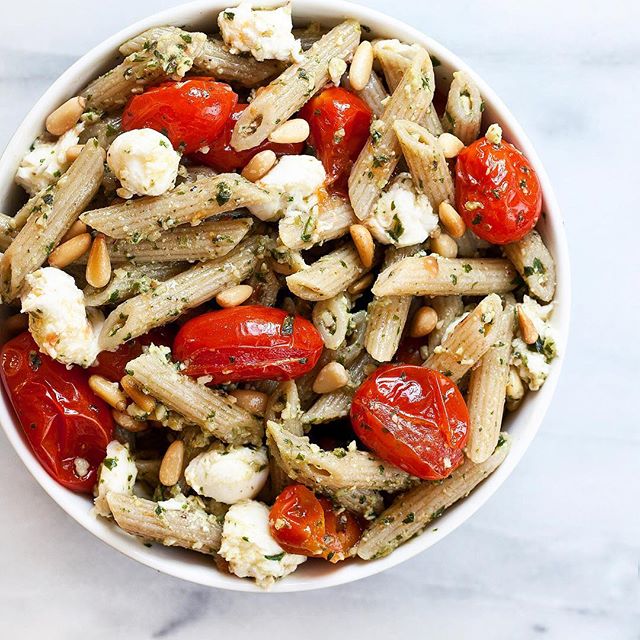 Pesto Pasta Salad With Roasted Tomatoes, Toasted Pine Nuts And