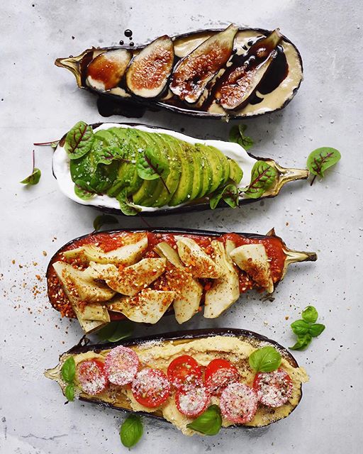 Roasted Eggplant Four Ways Tahini, Figs & Balsamic; Avocado & Sorrel