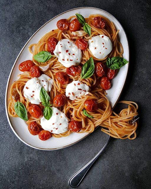 Herbed Cherry Tomato Confit With Spaghetti, Burrata, Basil & Chili