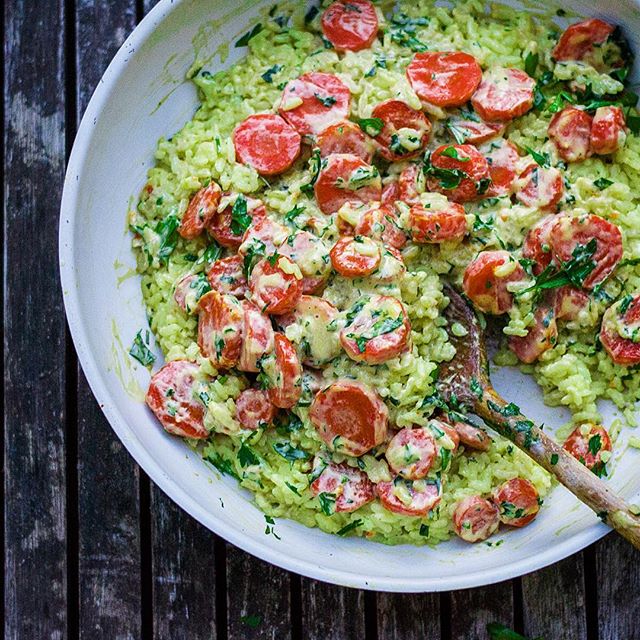 Almond Cream Green Risotto With Roasted Sweetchili Carrots by