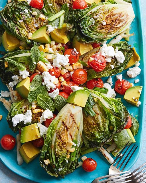 Grilled Baby Romaine Salad, Cherry Tomatoes, Avocado, Corn, Goat Cheese