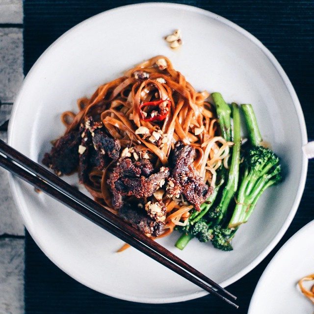 "takeout" Crispy Beef & Broccoli Noodles With Kung Pao Chili Oil