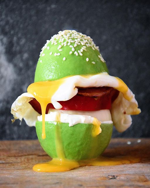 Avocado Breakfast Burger With Whipped Feta, Bacon, Tomato And Fried Egg
