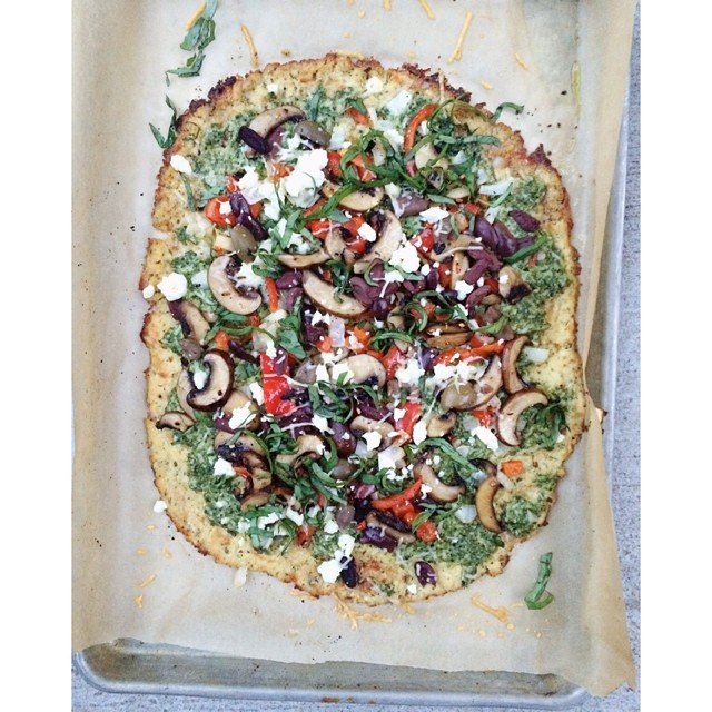 Cauliflower & Almond Meal Pizza Crust With Roasted Bell Pepper Pesto by