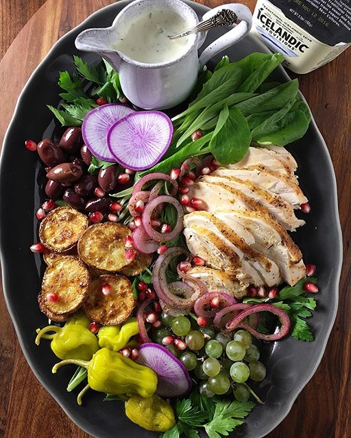 Autumn Salad With Pickled Red Onions, Roasted Chicken, Potato Crisps And Tangy Skyr Dressing