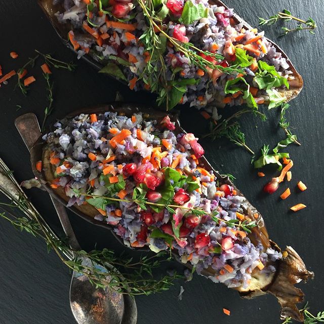 Lemon Basil Riced Cauliflower Stuffed Eggplant by sporks_and_foons