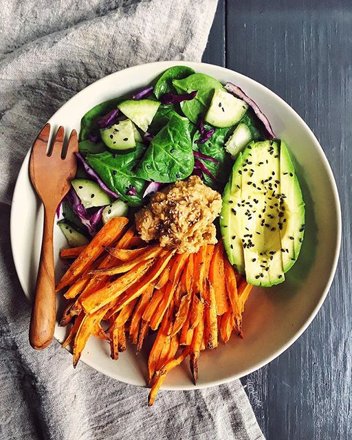 Spicy Sweet Potato Fry And Spinach Salad Hummus Bowl Recipe The Feedfeed