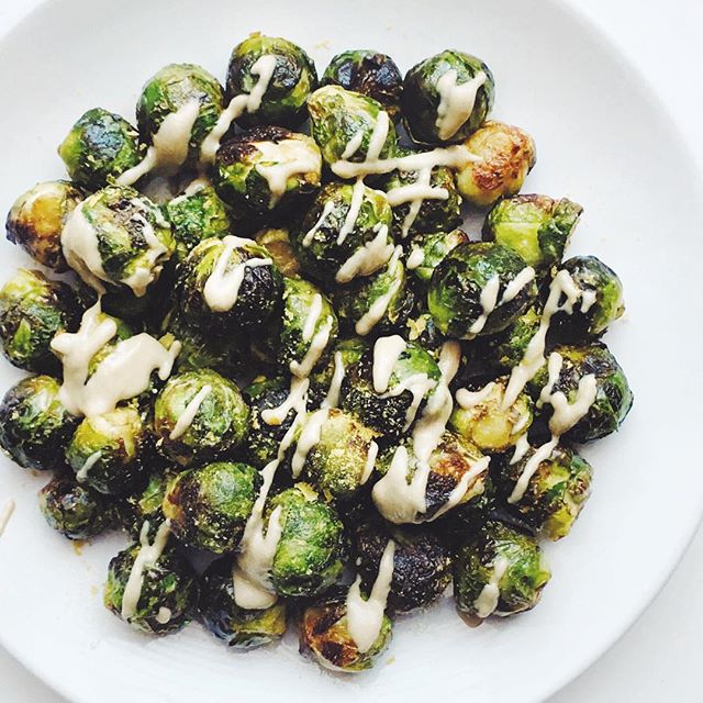 Roasted Brussels Sprouts With Nutritional Yeast And Lemon Tahini