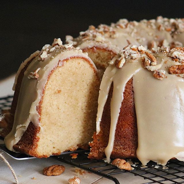 Brown Sugar Pound Cake with Pecan Caramel Rum Glaze by