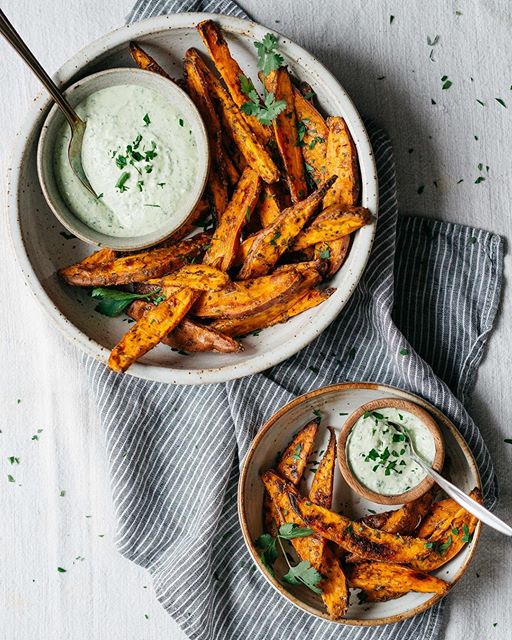 Roasted Sweet Potato Oven Fries With Herbed Yogurt And Tahini Dipping