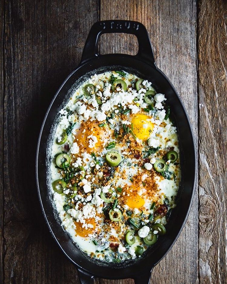 Baked Eggs With Swiss Chard, Green Olives, Bacon And Feta by