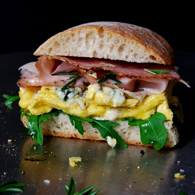 Blue Cheese Omelette And Rosemary Prosciutto Ciabatta Sandwich by