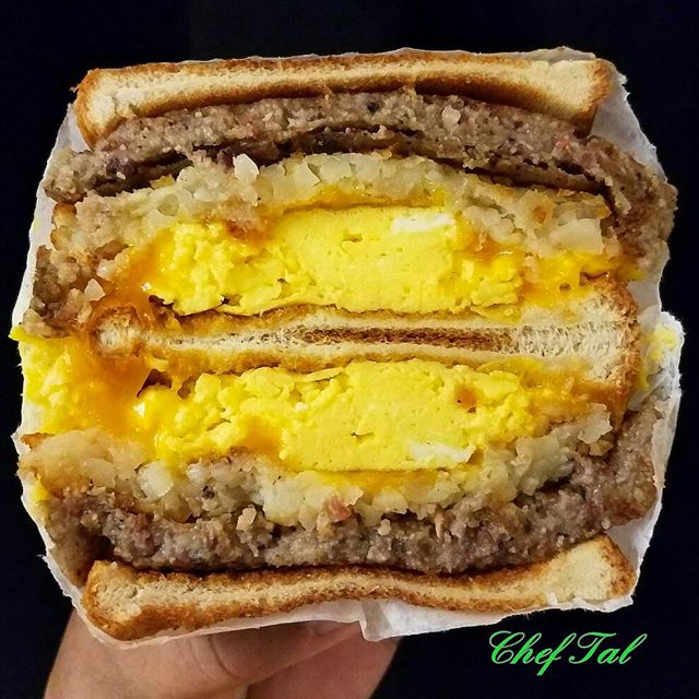 Fried Amish Scrapple And Cheddar Cheese Egg Sandwich by traveling_tal
