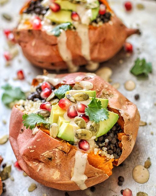 Baked Sweet Potato With Quinoa, Black Lentils, And Tahini by