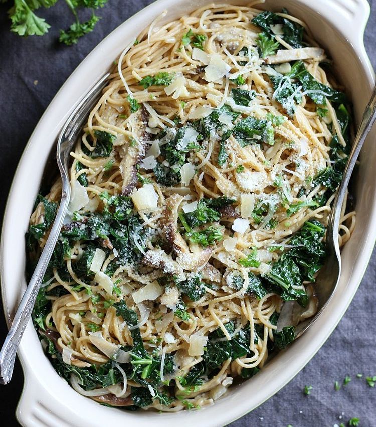 Garlicky Kale & Mushroom Spaghetti With Parmesan Recipe The Feedfeed