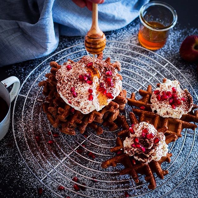 Grated Apple & Cocoa Waffle With Whipped Cream, Pomegranate Seeds And