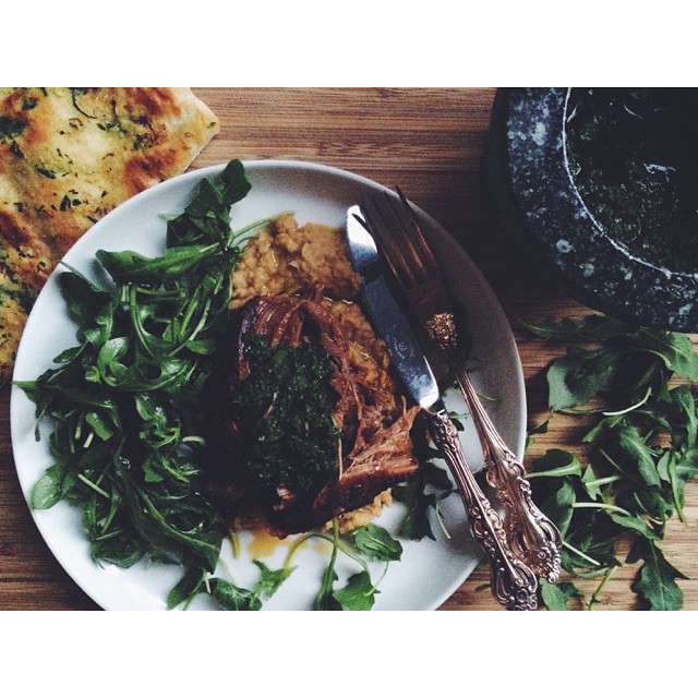 Harissa Lamb Shoulder, Crushed Chickpeas, Salsa Verde, Turkish Bread