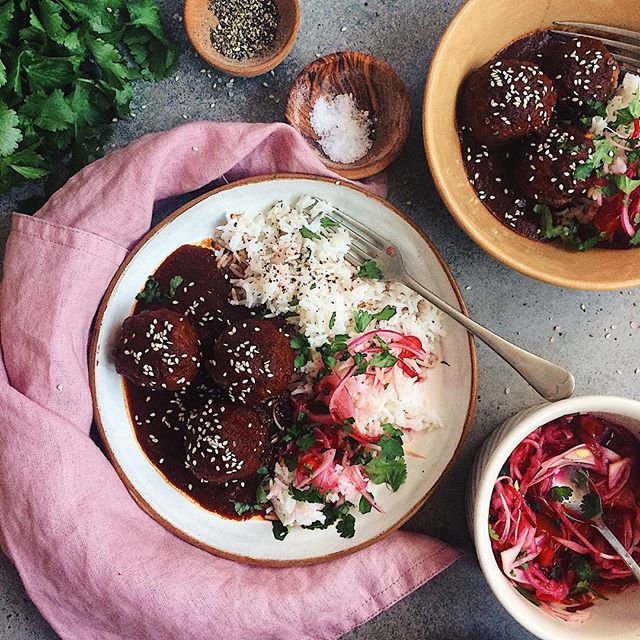 Meatballs Served With Guajillo Sauce And Steamed Rice by holasus