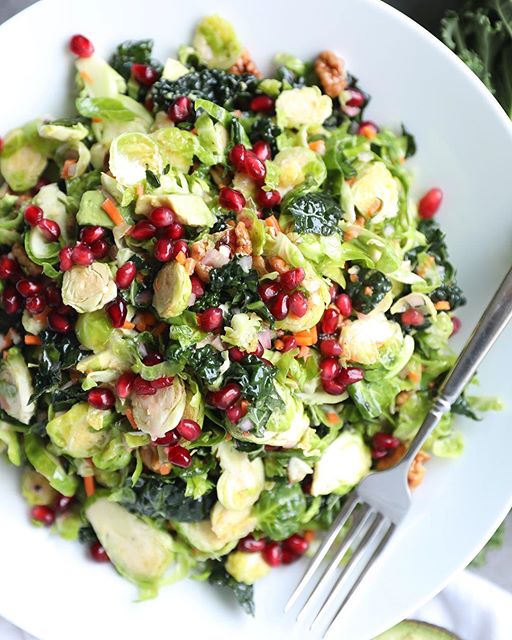 Shredded Brussels Sprout, Kale, Avocado And Pomegranate Salad by