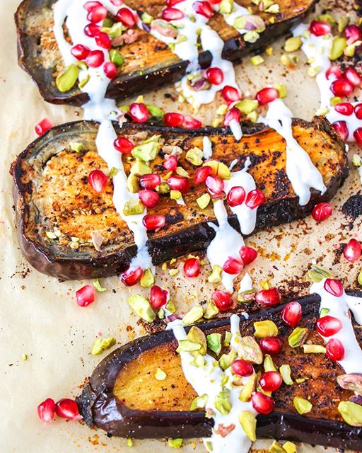 Roasted Eggplant With Tahini Sauce, Pistachios & Pomegranate Seeds