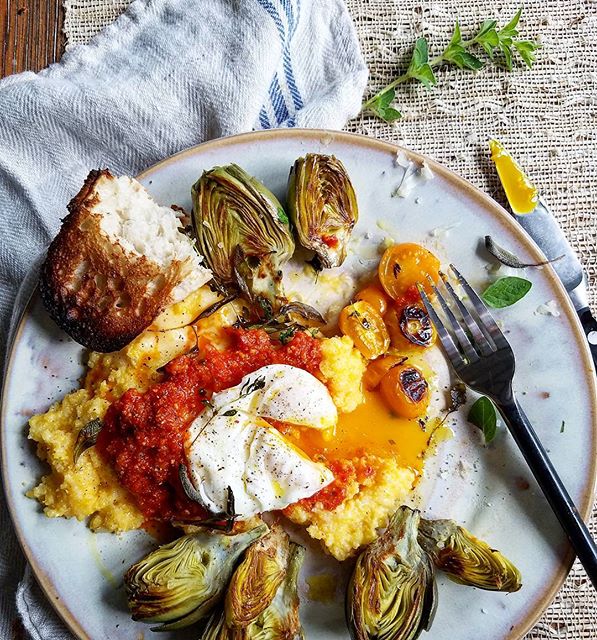 Pan Roasted Baby Artichokes With Cheddar Polenta, Tomato Pesto And