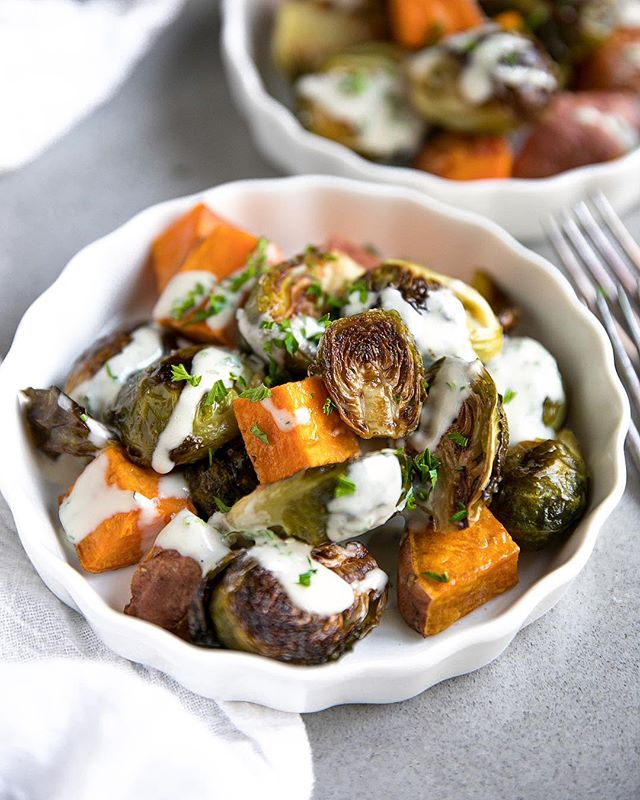 Roasted Brussels Sprouts And Sweet Potatoes In Tahini Sauce recipe by