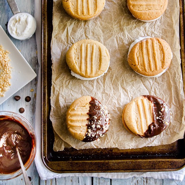 Chocolate Dipped Peanut Butter Cookie Ice Cream Sandwiches by