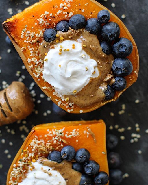 Butternut Squash Bowls With Yogurt, Almond Butter And Blueberries by