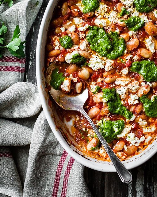 Baked White Beans In Tomato Sauce With Feta And Parsley Oil Recipe The Feedfeed