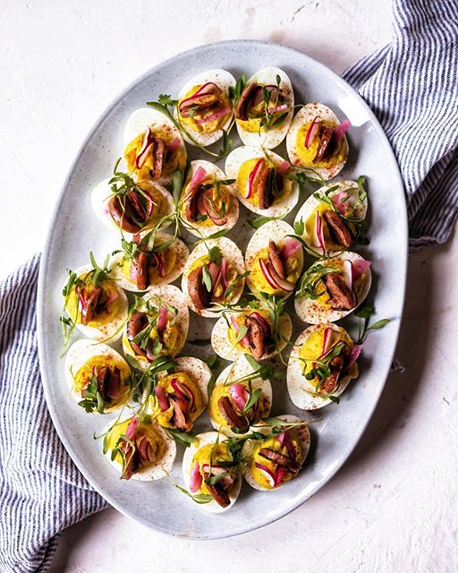 Deviled Eggs With Pickled Onions, Sausage, Cilantro And Smoked Paprika
