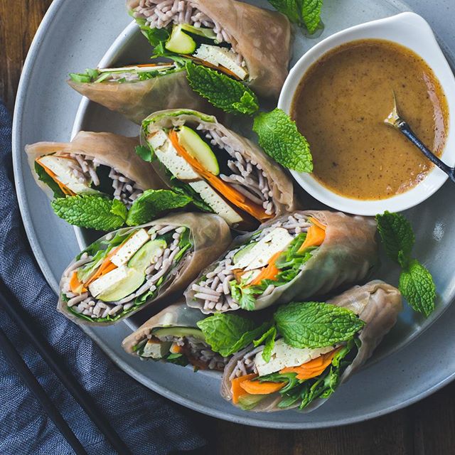 Roasted Zucchini And Soba Noodle Summer Rolls With Tahini Dipping Sauce