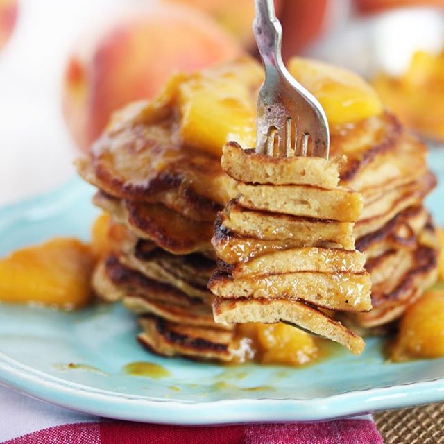 Cinnamon Crunch Pancakes With Brown Butter Caramelized Peaches recipe