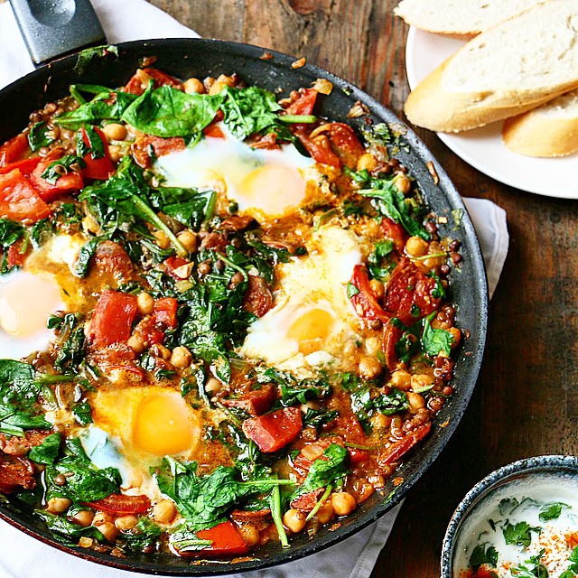 Garbanzo Bean And Chorizo Skillet With Spinach And Eggs Recipe The