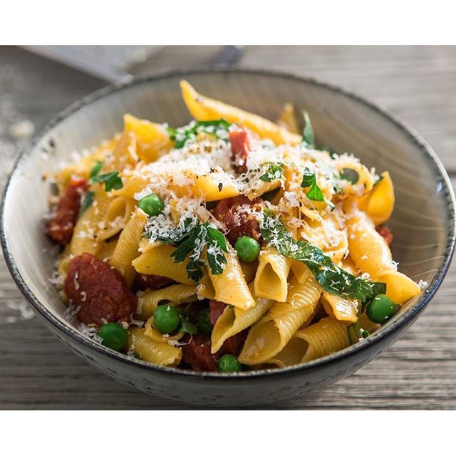 Garganelli Pasta With Chorizo And Peas Recipe The Feedfeed