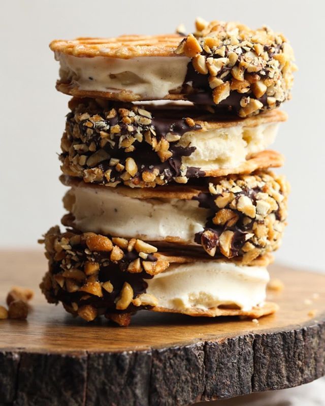 Waffle Cookie Ice Cream Sandwiches Dipped in Chocolate and Peanuts