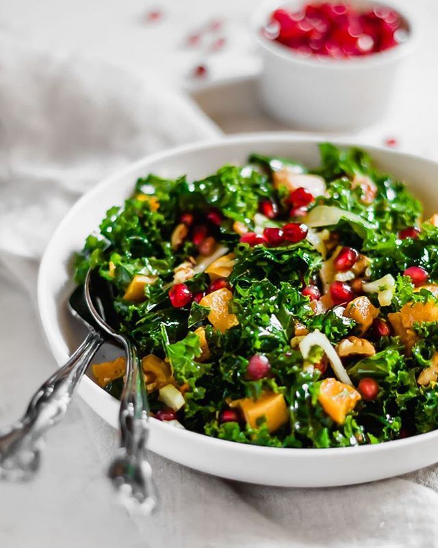 Kale Salad with Roasted Butternut Squash, Fennel, Toasted Pecans, Pomegranate Seeds Recipe The