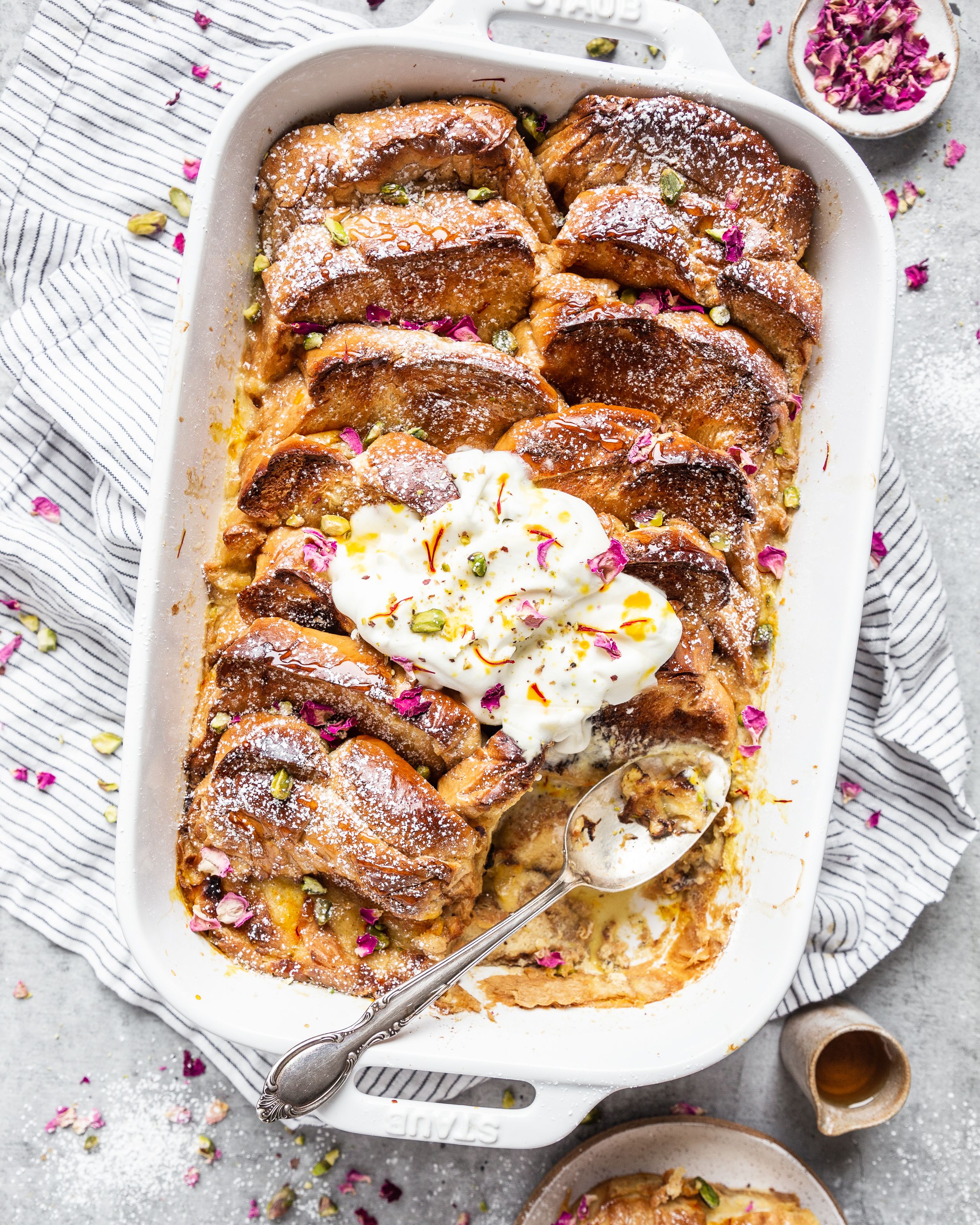Baked Cardamom Saffron French Toast with Rose Whipped Cream and