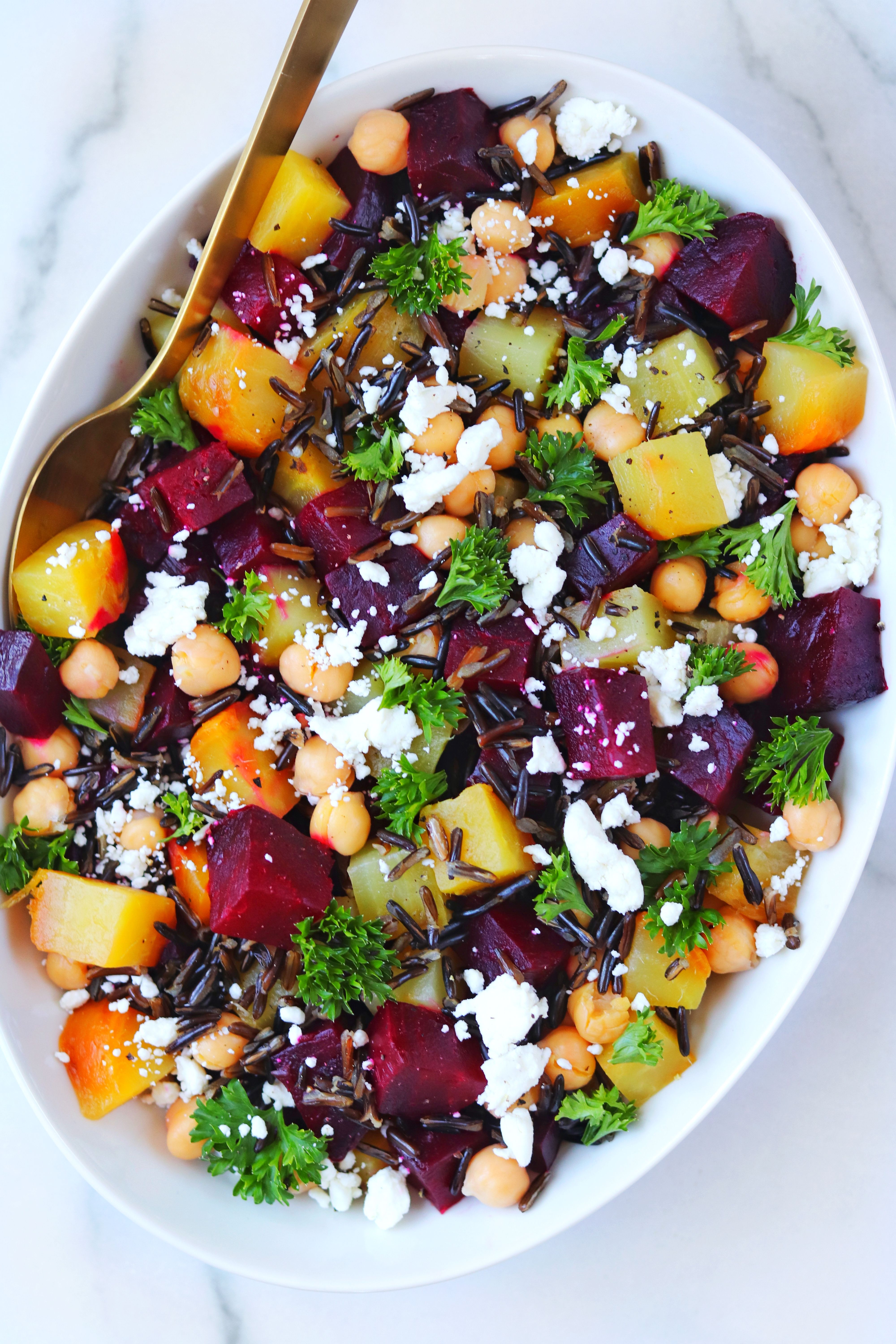 Roasted Beet & Goat Cheese Salad with Wild Rice & Chickpeas Recipe