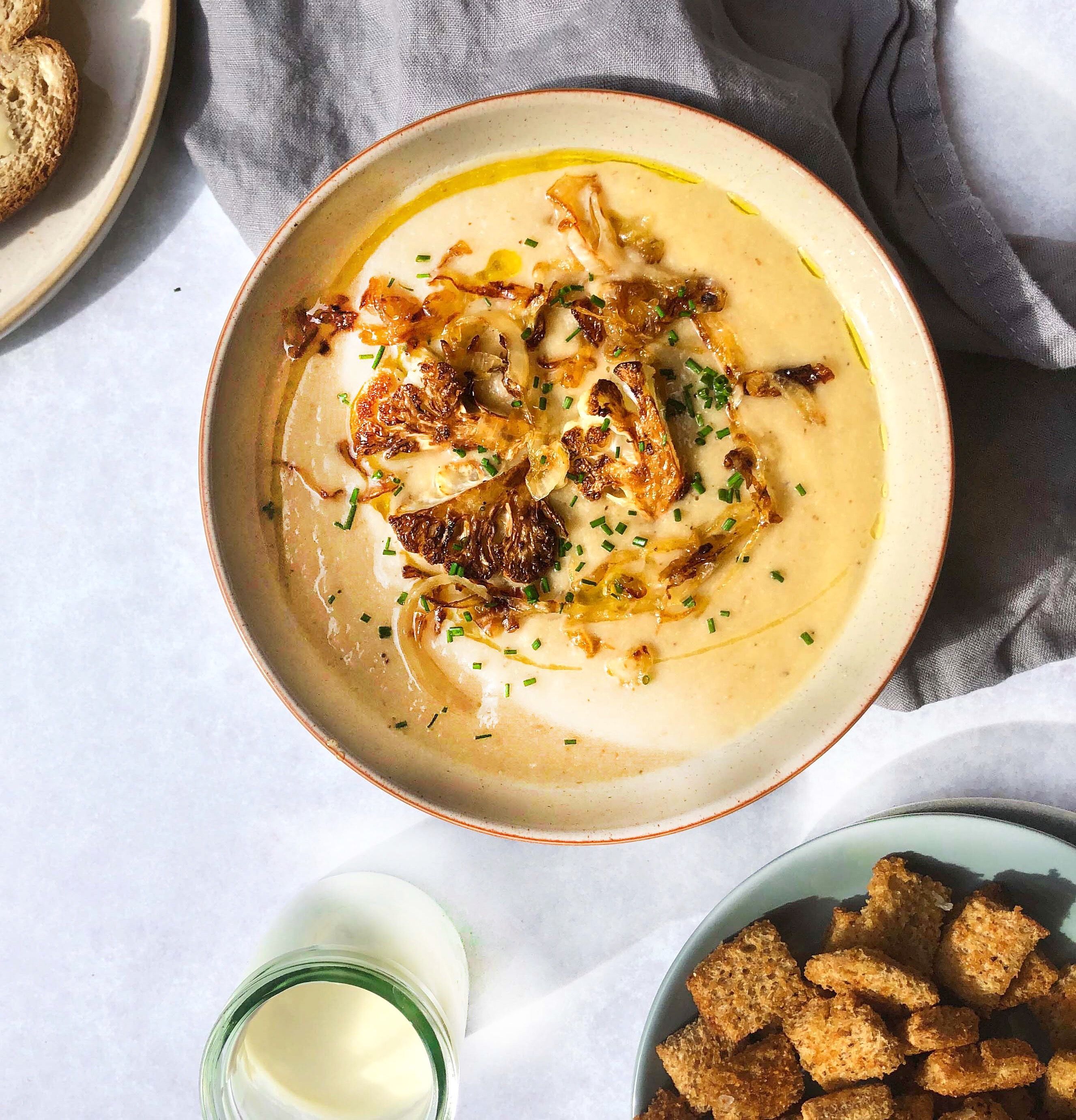 Cauliflower Soup with Caramelized Onions and Garlicky Croutons Recipe