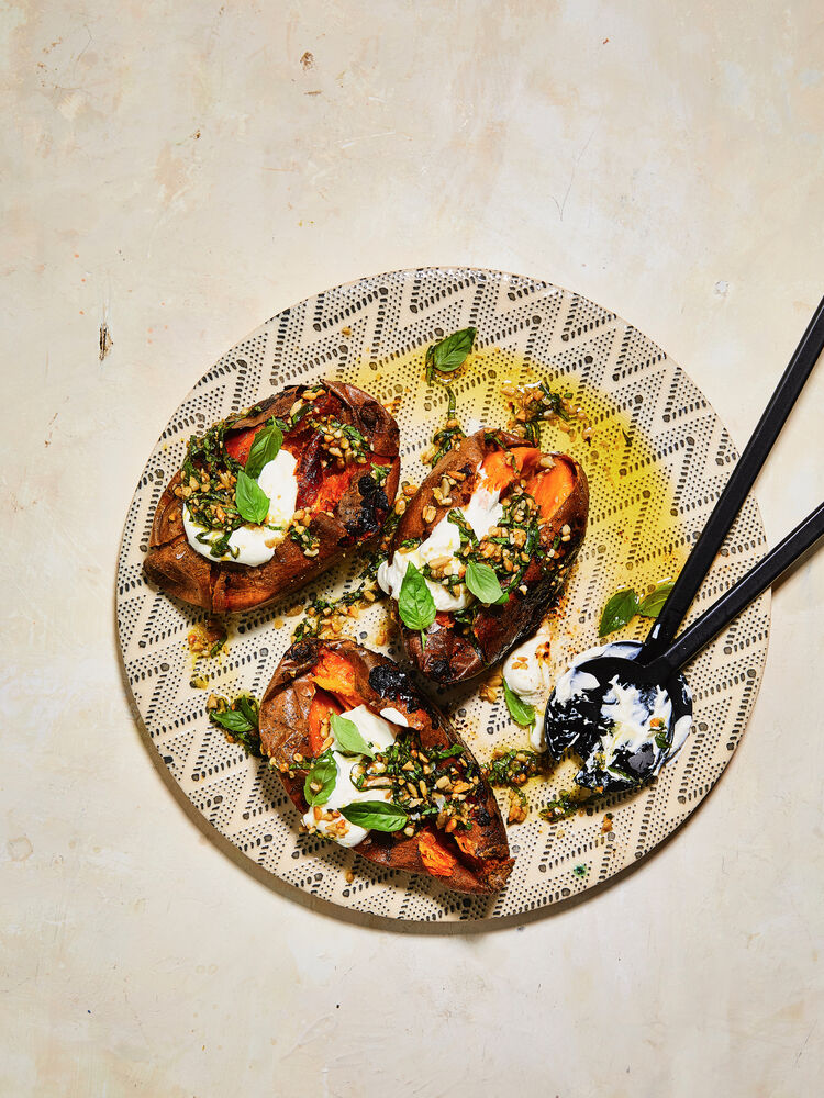 WholeRoasted Sweet Potato with Sunflower Gremolata and Lemony Sour